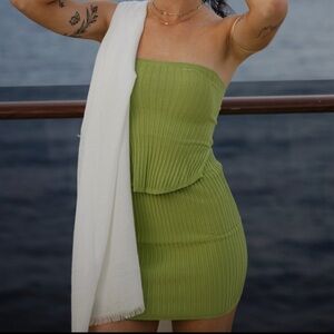 Green Strapless Ribbed Top+ Skirt